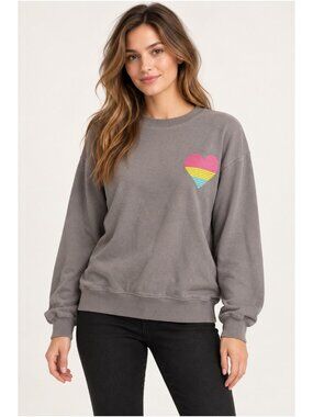 Chaser Rainbow Heart Gray Crewneck Sweatshirt Size M NWT